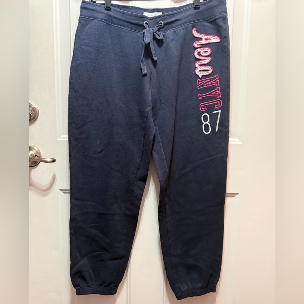Aeropostale Navy Blue Sweatpants Joggers with Pink and White Embroidered Logo